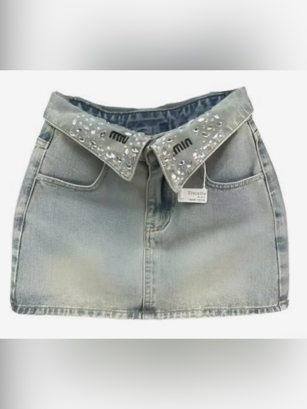Y2K Denim Mini Skirt w/ Rhinestone Collar Detail | Low Rise | Like New